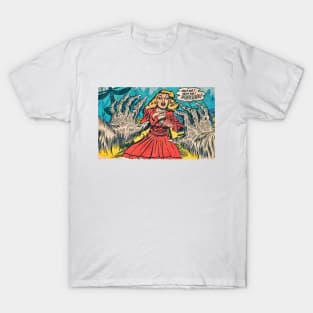 Comic hairy monster hands attacking a woman in red T-Shirt